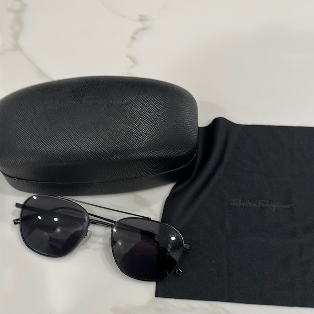 Salvatore Ferragamo Black Aviator Sunglasses with Case and Cloth
